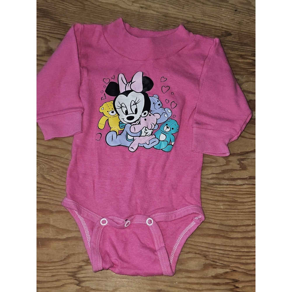 Rare Vintage Disney Baby Minnie Mouse  Long Sleeve Bodysuit Pink Made USA Dundee